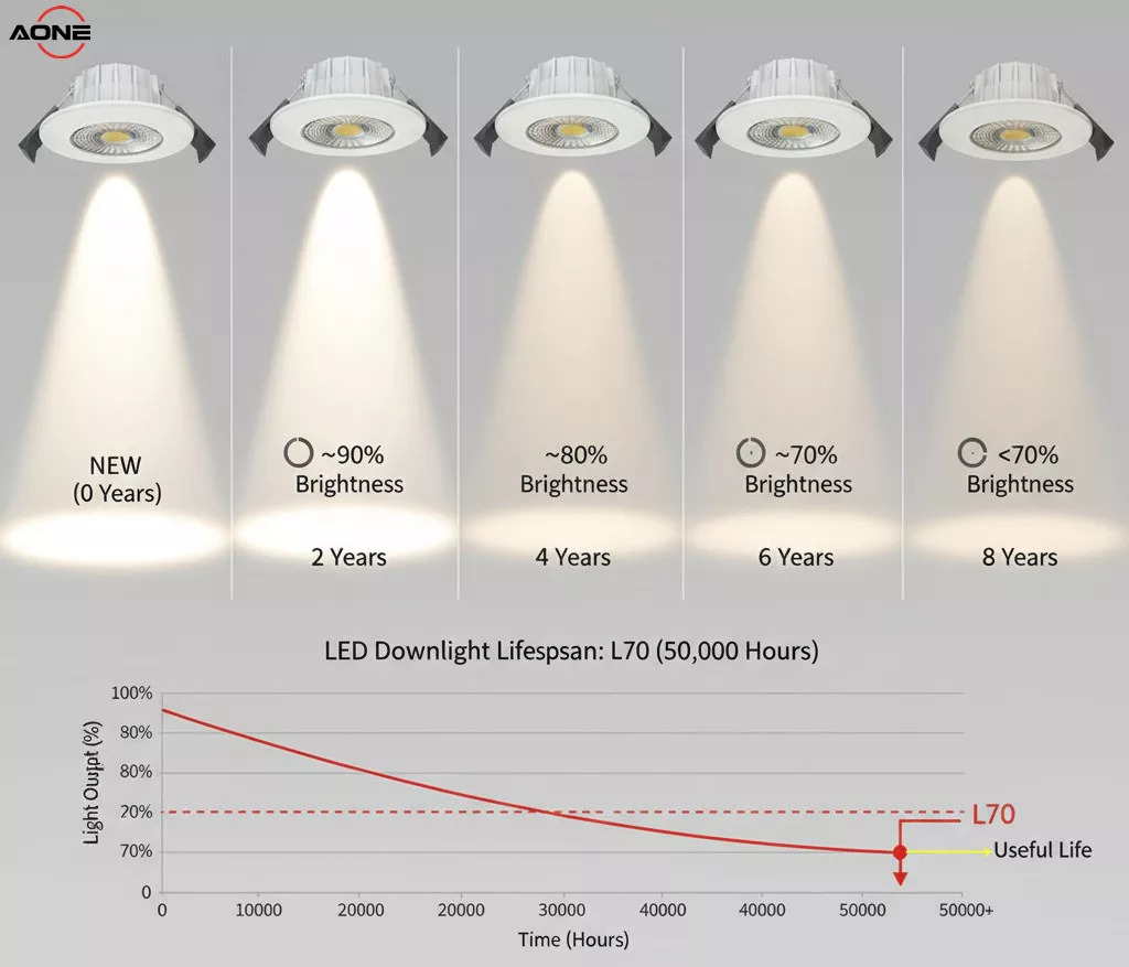 LEDs gradually dim over time rather than burning out suddenly. The standard end-of-life indicator is the L70 rating, which refers to the point when light output declines to 70% of its original level.